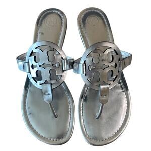 Tory Burch Miller Sandals Silver Metallic Finish Leather 9.5 Logo‎